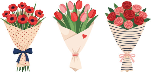 Three beautiful floral bouquets with tulips and poppies, isolated on white background, perfect for spring celebrations and gifts