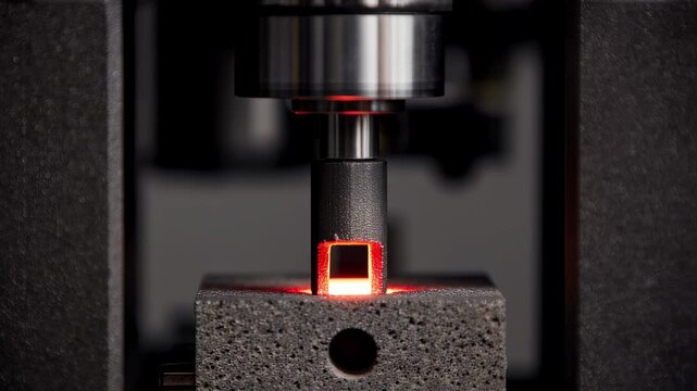 Hydraulic press machine conducting a compression test on innovative material, generating intense heat and light in a modern industrial setting focused on material science