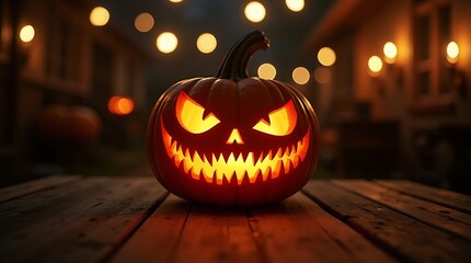 Spooky carved halloween pumpkin with glowing orange eyes and teeth sits on a wooden table at night