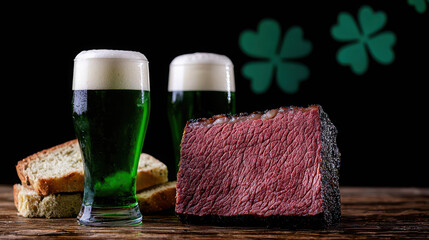 St. Patrick's Day Feast with Green Beer, Sliced Corned Beef, and Fresh Bread on Wooden Table Surrounded by Clover Decorations