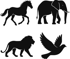 Collection of animal silhouettes including a horse, elephant, lion, and bird, isolated on a white background
