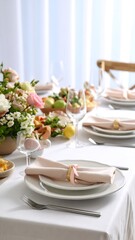 Fototapeta premium Elegant table setting with pastel flowers and linens