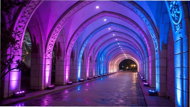 "Futuristic Purple and Blue Illuminated Archway Corridor with Glowing Neon Lights"