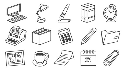 Office Tools Icon Set &ndash; Vector Line Icons Featuring Office Equipment, Gadgets, and Essential Workplace Tools