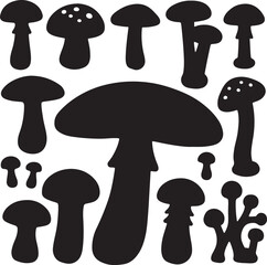 Various types of mushroom icons black silhouette illustration.