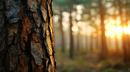 Obraz premium Close Up of Tree Trunk in Blurred Forest at Sunset