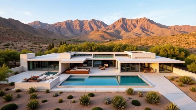 Stunning aerial video of a modern architectural compound in a desert landscape, minimalist design, 4k footage, showcasing elegance and luxury