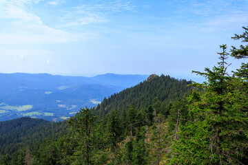Obraz premium Mountain panorama with summit Kleiner Osser and summit cross in Bavarian Forest in Bavaria, Germany