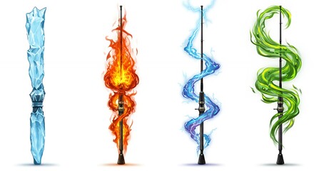 Magic wands with different magical effects isolated on white background