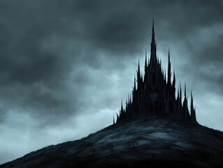 Obraz premium Dark Castle Towering on a Gloomy Hill Under a Stormy Sky with Dramatic Clouds and Eerie Atmosphere Creating a Sense of Mystery and Foreboding