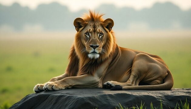 African lion resting on a rock during golden hour, savannah in background