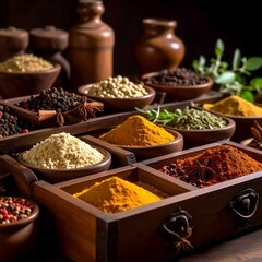 Fototapeta premium Diverse spices in wooden box