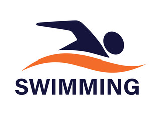 A blue and orange swimming logo with a stylized swimmer and wave, ideal for swim schools, clubs, or aquatic sports branding