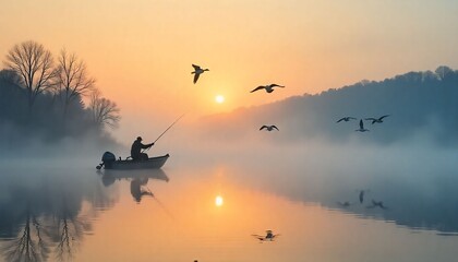 Flock of migratory birds flying over a misty lake at sunrise, cinematic lighting