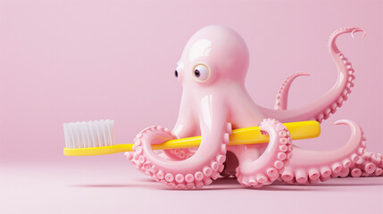 A surreal 3D render featuring vibrant pink tentacles holding a bright yellow toothbrush against a matching pink background. web banner flyer blog