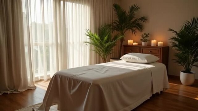 Elegant Spa Room with Massage Table, White Curtains, and Natural Light.