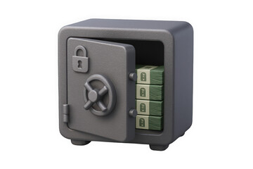A grey safe with the door open, revealing stacks of money inside, symbolizing security and wealth.