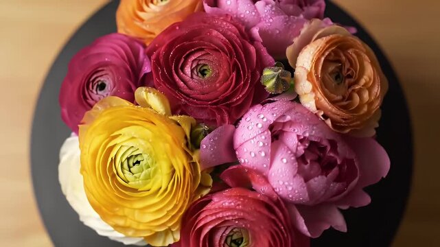 Colorful Ranunculus Bouquet with Water Droplets in a Dark Vase Video