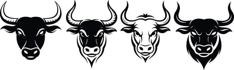 Set of Majestic Bull and Ox Head Silhouettes: Powerful Livestock, Farm Animal, Strong Symbol, Agriculture, Ruminant, Horned Creature, Mascot, Emblem, Icon, Vector, Illustratione