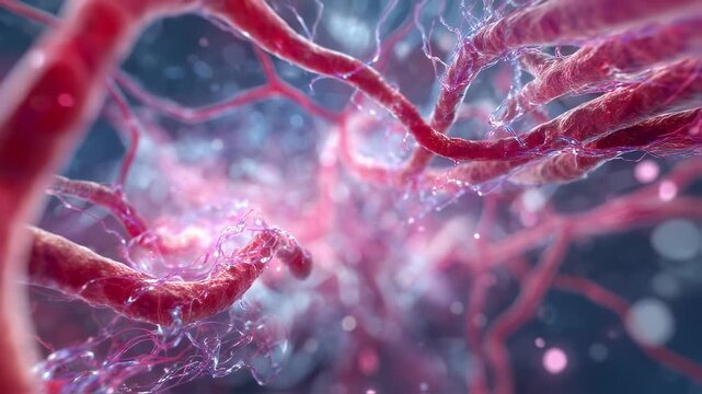 Animated 3D medical visualization of immune complexes clogging capillaries in extremities during coldinduced vasculitis.