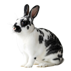 Obraz premium Black and white rabbit sitting isolated on transparent background. A cute bunny with distinctive markings, perfect for pet-related designs and illustrations