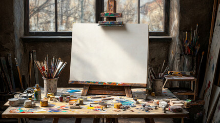 Colorful abstract painting on an easel in a bright studio setting with natural light streaming