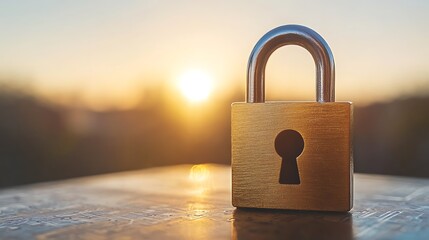 Fototapeta premium Golden padlock on a surface at sunset.