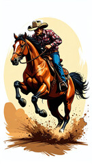 Illustrated cowboy mid-jump on a bucking horse surrounded by dust in bold action scene of western rodeo energy and tradition