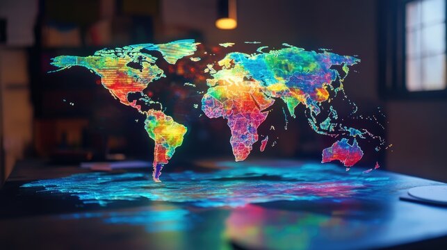 Vibrant Colorful World Map Hologram on Desk, Global Connectivity Concept