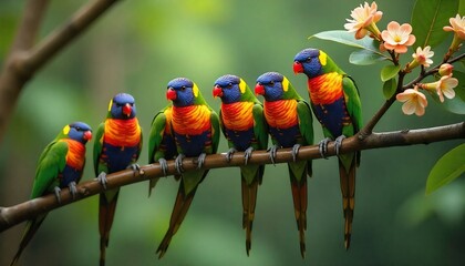 Colorful parrots sitting on tropical branches with lush green jungle background