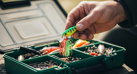 A fisherman's hand selects a vibrant, colorful fishing lure from an open tackle box, preparing for a day on the water.