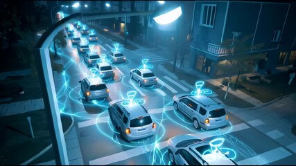 Aerial view of a fleet of autonomous vehicles transmitting GPS signals, visualized with glowing network lines - Powered by Adobe