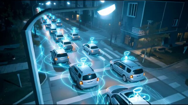 Aerial view of a fleet of autonomous vehicles transmitting GPS signals, visualized with glowing network lines