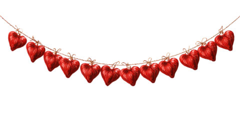 A curved garland of many small red hearts
