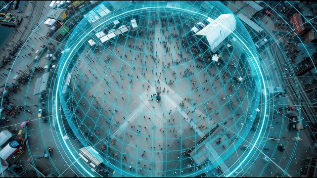 Aerial view of a large event with invisible anti-drone protection zone digitally visualized
