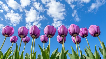 Row of vibrant purple tulips reaching towards a partly cloudy sky.