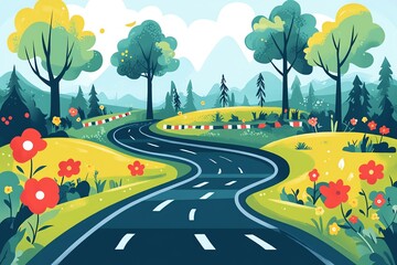 Colorful Cartoon Landscape of Winding Road in Forest with Trees Flowers and Mountains