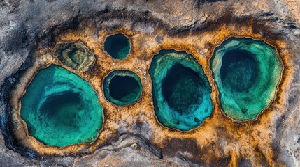 Aerial view of colorful, turquoise, and emerald pools in a rocky landscape.