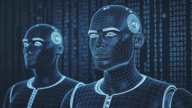 Futuristic humanoid robot with digital grid and binary code background showcasing glowing circuits and eyes for advanced technology and semantic