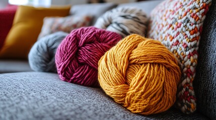 Colorful yarn balls resting on a couch.