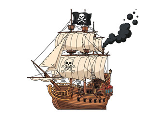 Cartoon pirate ship with skull and crossbones flag and smoke sailing ship Vector illustration of