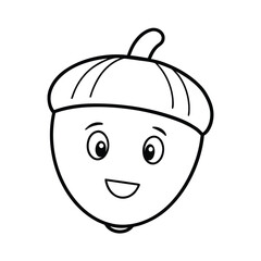 Funny acorn with smiling face and cartoon cap in outlined vector for seasonal use
