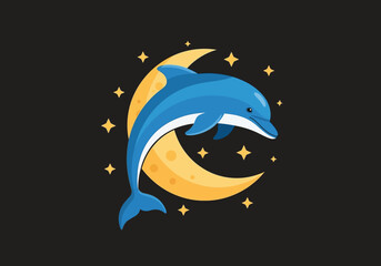 Dolphin jumping over crescent moon with stars leaping ocean Vector illustration of