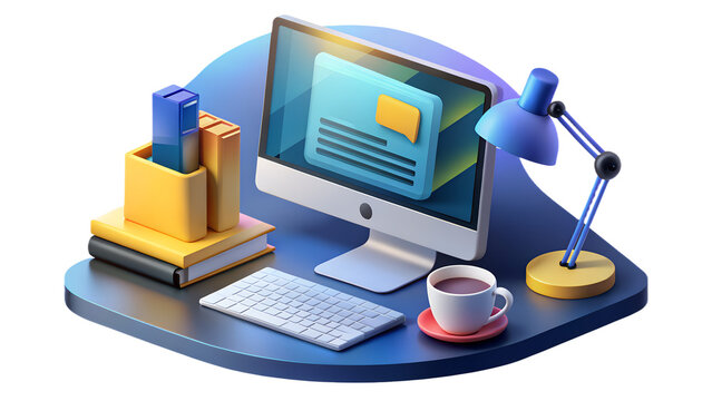 Modern isometric 3d illustration of a cozy home office desk setup with a computer keyboard lamp books and coffee for remote work and study on a transparent background
- Powered by Adobe