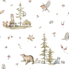 Watercolor seamless pattern with cute autumn creatures, nature and plants. Wild animals, fox, raccoon, squirrel, bear, birds, berries. Hand-drawn adorable animals, branch, leaves. Fall background