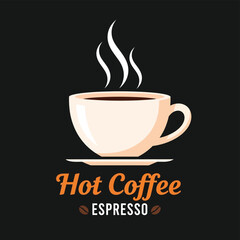 Hot coffee cup with steam and text espresso on black background drink Vector illustration of