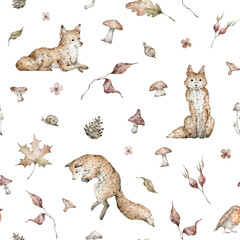Watercolor seamless pattern with cute foxes, muchrooms and autumn leaves. Wild animals, snail, pinecone. Hand-drawn adorable animals, branch, plants. Fall background