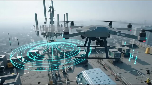 Urban rooftop equipped with anti-drone defense system and motion-tracking cameras
