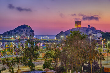 View of the Black Sea, Pier, Marina and Fortress at night and before dawn in Sile, Turkey. Seascape
