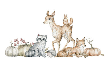 Watercolor composition with forest animals and pumpkins. Deer, fox, raccoon, squirrel, hedgehog. Wild nature scene, autumn composition. Wildlife fall creatures